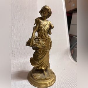 Bronze Lady w/ Apple Basket Vtg. This item is 11”  Peasant Girl Statue.